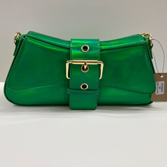 Iridescent Metallic Shiny Green  - Gold Buckle Crossbody / Chain Straps - NWT - Picture 5 of 10